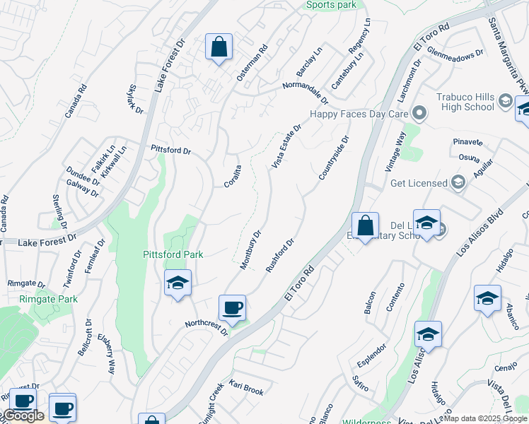 map of restaurants, bars, coffee shops, grocery stores, and more near 21581 Montbury Drive in Lake Forest