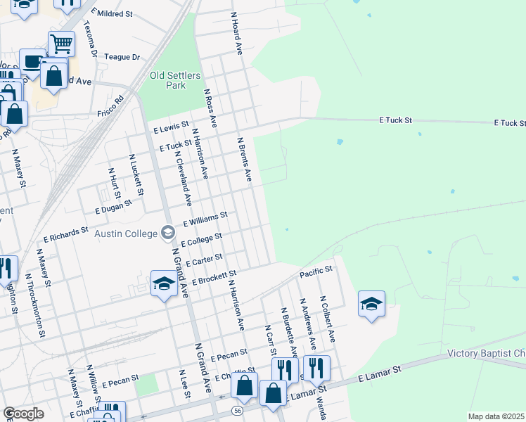 map of restaurants, bars, coffee shops, grocery stores, and more near 909 North Brents Avenue in Sherman