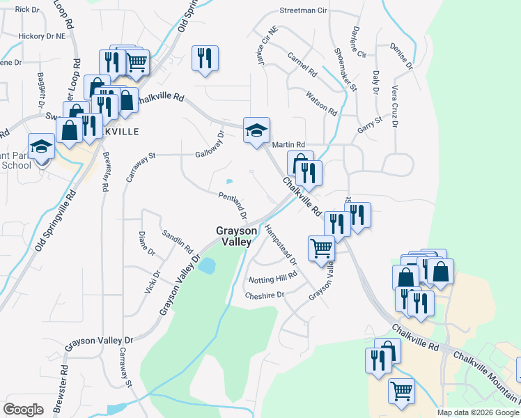 map of restaurants, bars, coffee shops, grocery stores, and more near 2316 Grayson Valley Drive in Birmingham