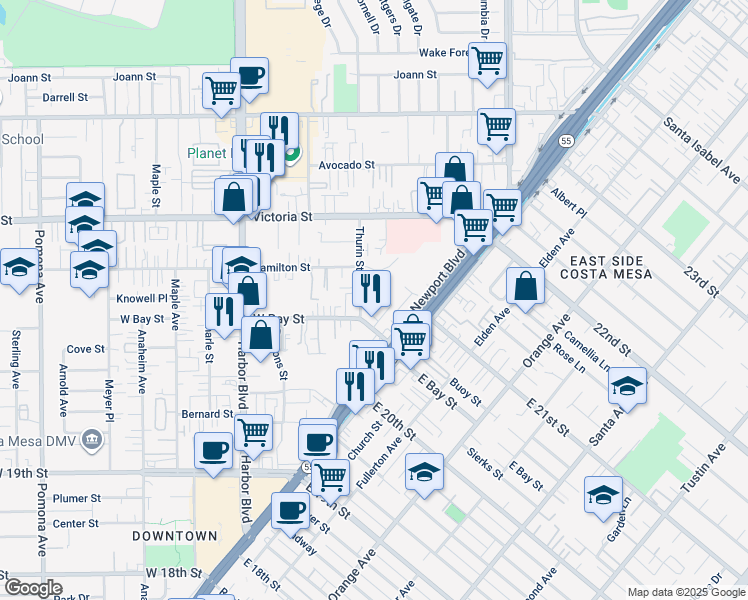 map of restaurants, bars, coffee shops, grocery stores, and more near 348 Gulf Stream Way in Costa Mesa