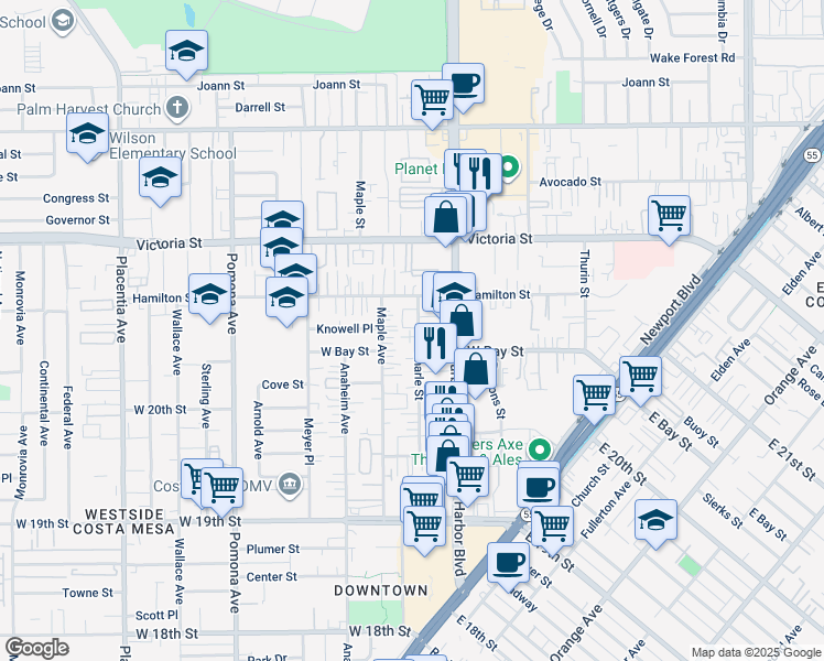 map of restaurants, bars, coffee shops, grocery stores, and more near 2063 Charle Street in Costa Mesa