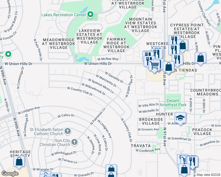 map of restaurants, bars, coffee shops, grocery stores, and more near 9518 West Spanish Moss Lane in Sun City
