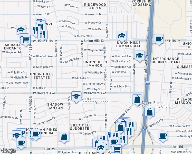 map of restaurants, bars, coffee shops, grocery stores, and more near 2954 West Michelle Drive in Phoenix