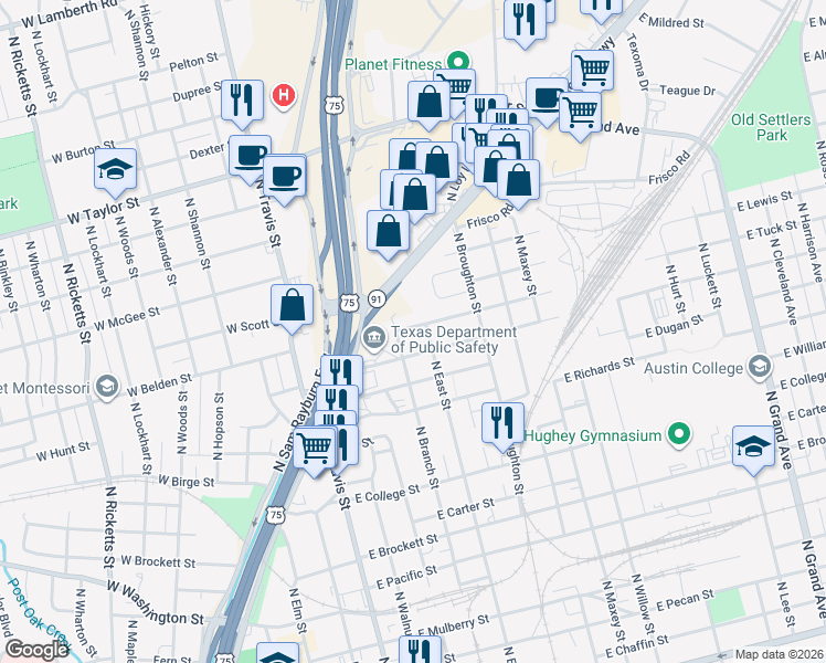 map of restaurants, bars, coffee shops, grocery stores, and more near 408 East Orange Street in Sherman