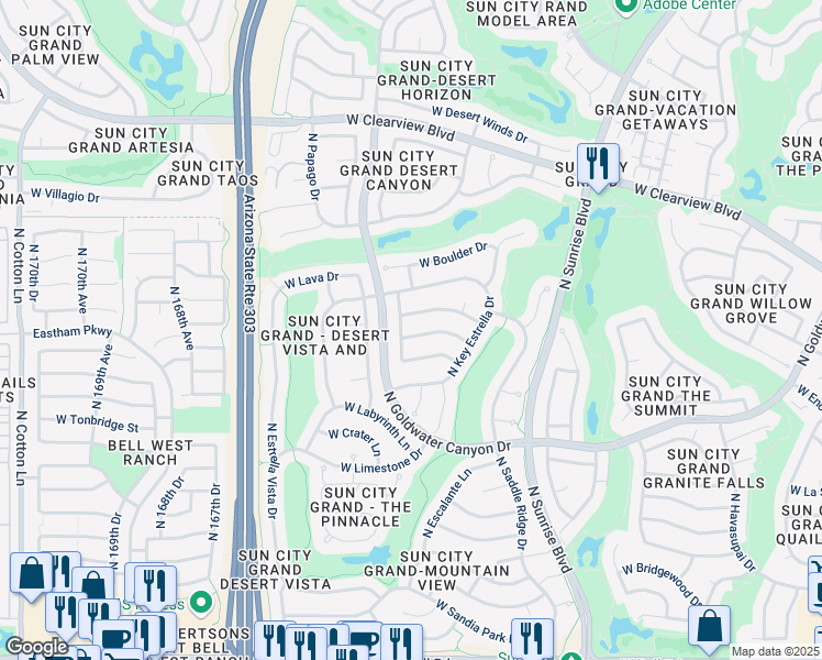 map of restaurants, bars, coffee shops, grocery stores, and more near 16286 West Mountain Pass Drive in Surprise