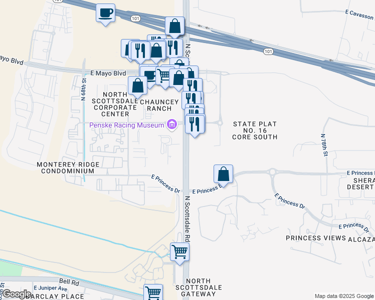 map of restaurants, bars, coffee shops, grocery stores, and more near 18055 North Scottsdale Road in Scottsdale