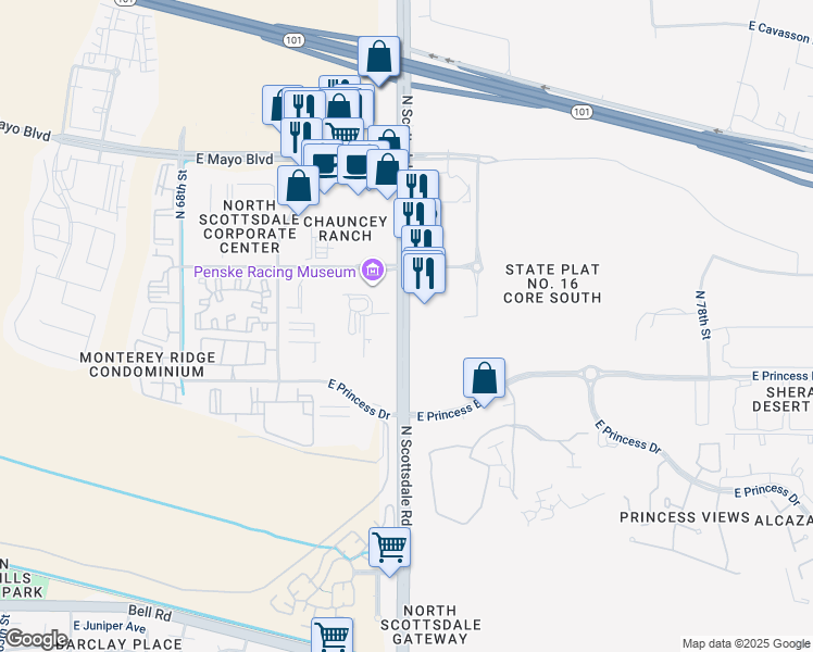 map of restaurants, bars, coffee shops, grocery stores, and more near 18055 North Scottsdale Road in Scottsdale