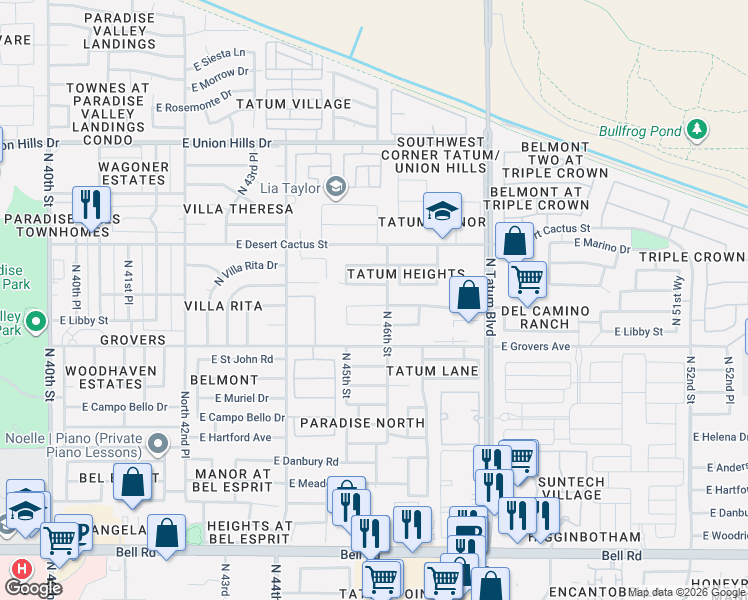 map of restaurants, bars, coffee shops, grocery stores, and more near 4550 East Charleston Avenue in Phoenix