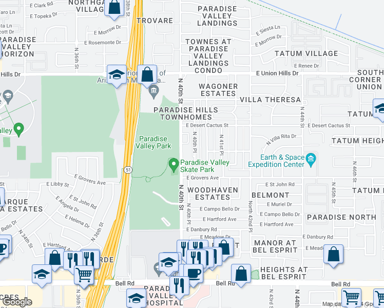 map of restaurants, bars, coffee shops, grocery stores, and more near 17841 North 40th Street in Phoenix