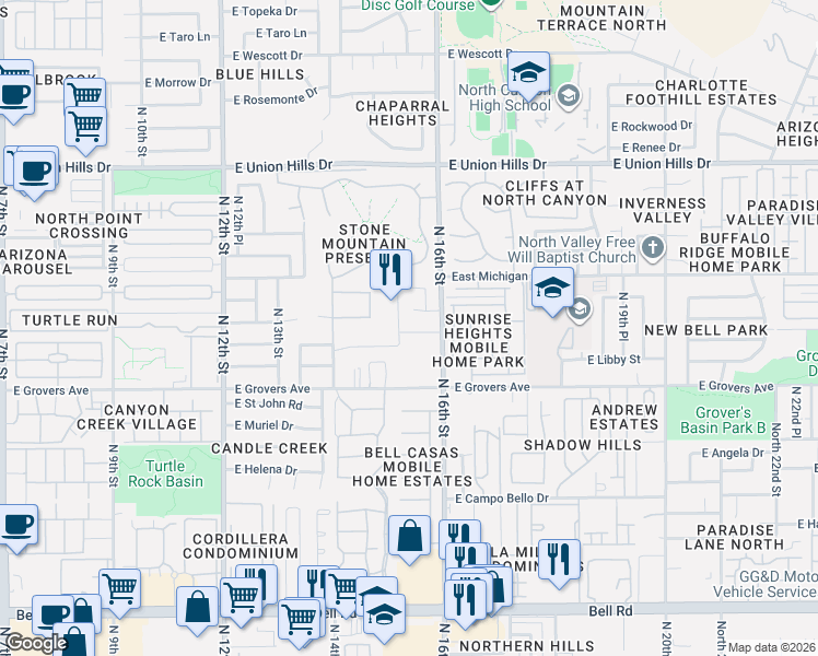 map of restaurants, bars, coffee shops, grocery stores, and more near 18002 North 15th Street in Phoenix