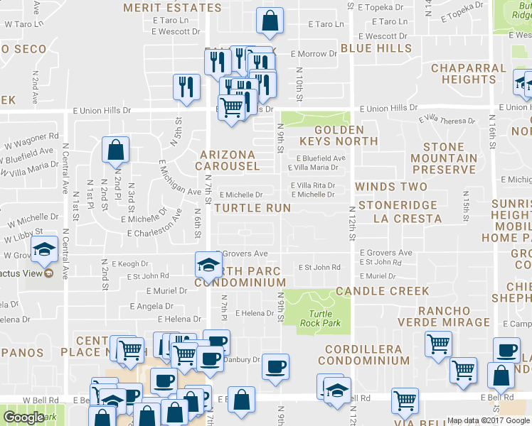 map of restaurants, bars, coffee shops, grocery stores, and more near 846 East Morningside Drive in Phoenix