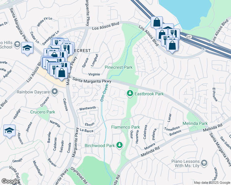 map of restaurants, bars, coffee shops, grocery stores, and more near 21541 Oakbrook in Mission Viejo
