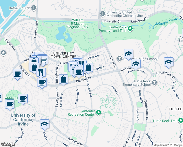 map of restaurants, bars, coffee shops, grocery stores, and more near in Irvine