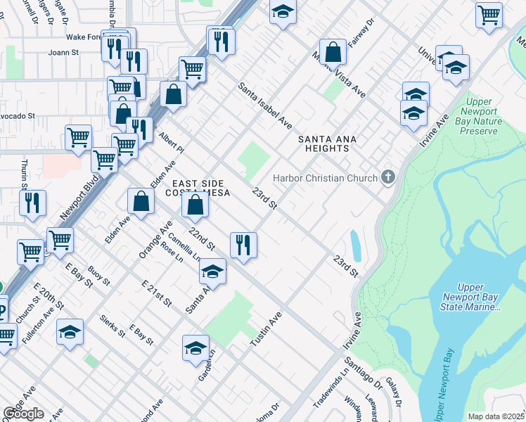 map of restaurants, bars, coffee shops, grocery stores, and more near 278 Albert Place in Costa Mesa