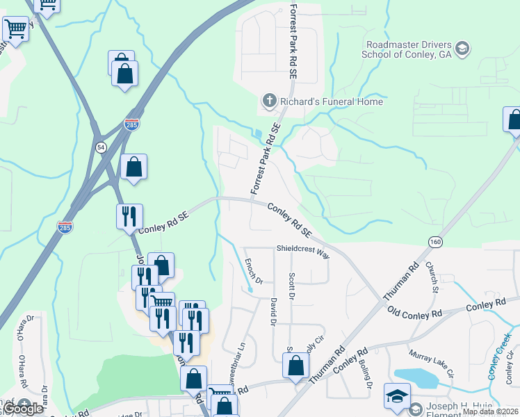 map of restaurants, bars, coffee shops, grocery stores, and more near 991 Conley Road Southeast in Atlanta