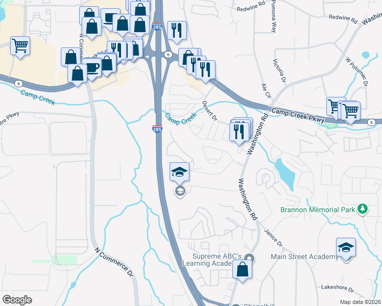 map of restaurants, bars, coffee shops, grocery stores, and more near 2900 Laurel Ridge Way in East Point