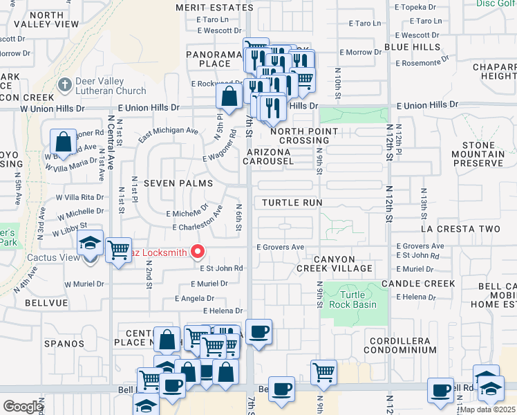 map of restaurants, bars, coffee shops, grocery stores, and more near 714 East Morningside Drive in Phoenix