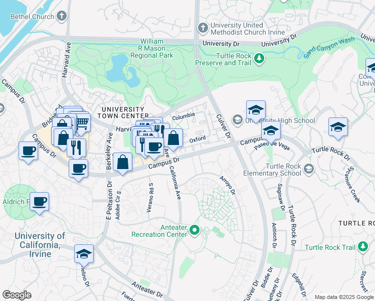 map of restaurants, bars, coffee shops, grocery stores, and more near 19 Dartmouth in Irvine