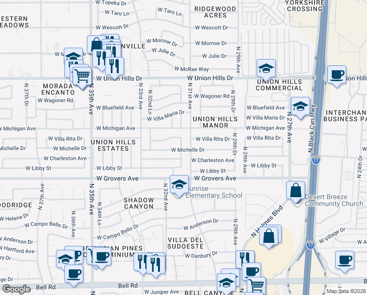 map of restaurants, bars, coffee shops, grocery stores, and more near 18001 North 31st Drive in Phoenix