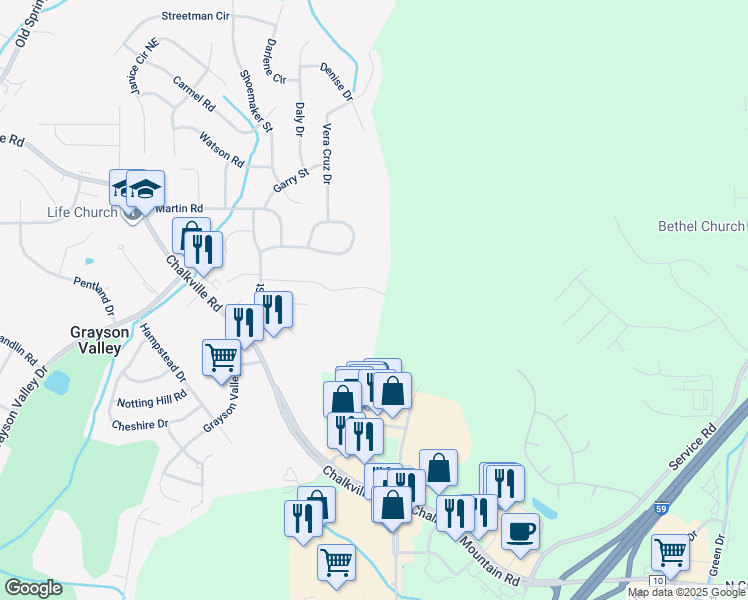 map of restaurants, bars, coffee shops, grocery stores, and more near 5279 Falling Creek Lane in Birmingham