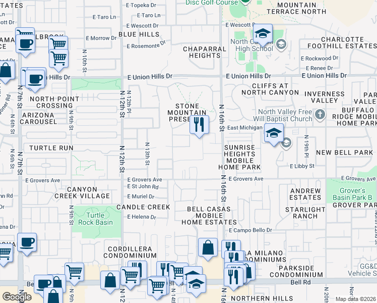 map of restaurants, bars, coffee shops, grocery stores, and more near 1425 East Michelle Drive in Phoenix