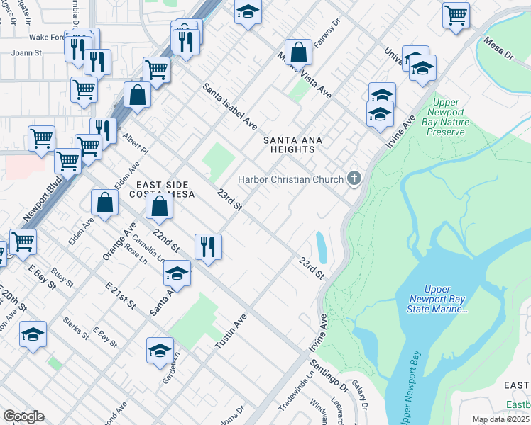 map of restaurants, bars, coffee shops, grocery stores, and more near 2313 La Linda Place in Newport Beach