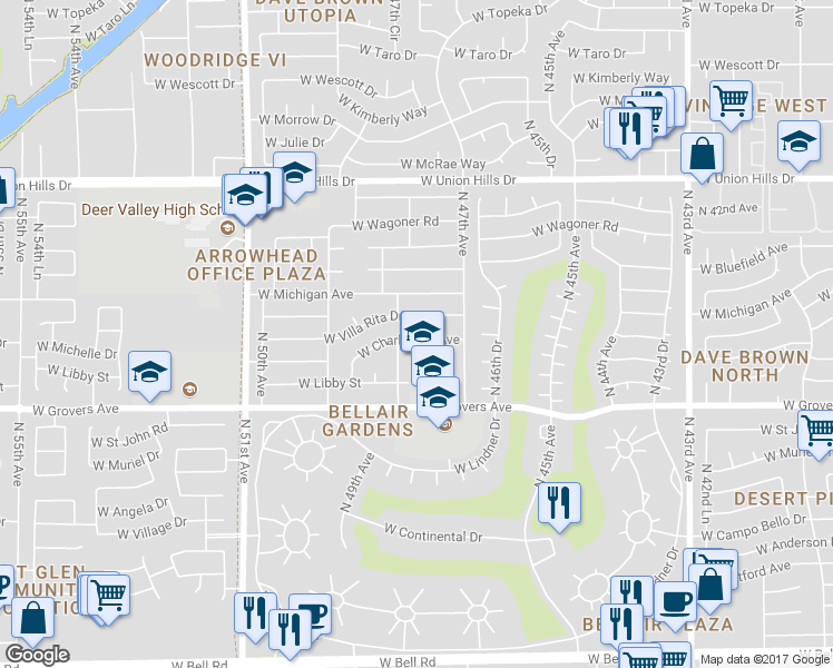 map of restaurants, bars, coffee shops, grocery stores, and more near 4744 West Charleston Avenue in Glendale