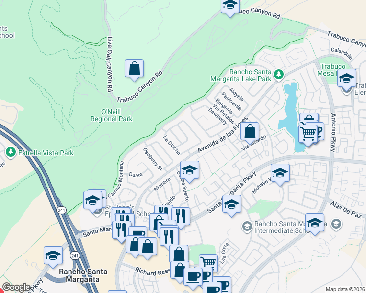 map of restaurants, bars, coffee shops, grocery stores, and more near 8 El Arreo in Rancho Santa Margarita