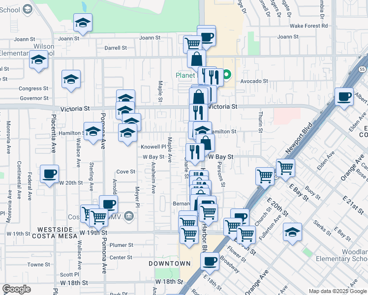 map of restaurants, bars, coffee shops, grocery stores, and more near 2063 Charle Street in Costa Mesa