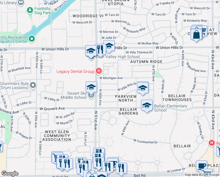 map of restaurants, bars, coffee shops, grocery stores, and more near 4952 West Villa Rita Drive in Glendale