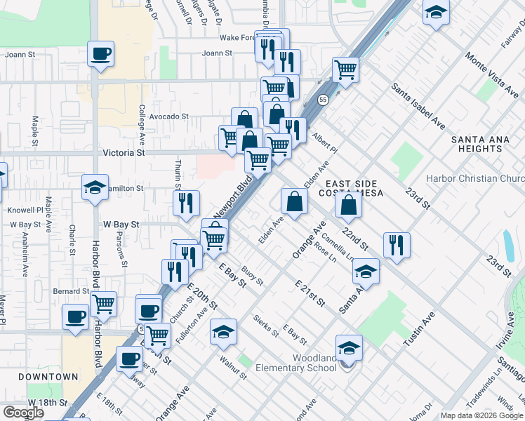 map of restaurants, bars, coffee shops, grocery stores, and more near 2150 Newport Boulevard in Costa Mesa