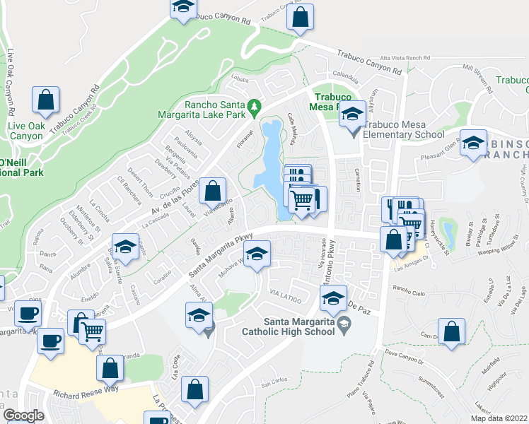 map of restaurants, bars, coffee shops, grocery stores, and more near 132 Montana Del Lago Drive in Rancho Santa Margarita