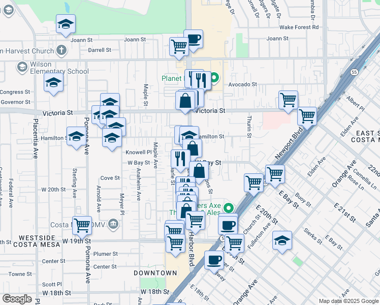 map of restaurants, bars, coffee shops, grocery stores, and more near in Costa Mesa