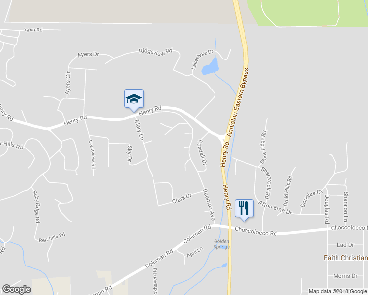 map of restaurants, bars, coffee shops, grocery stores, and more near 98 Wrenwood Circle in Anniston
