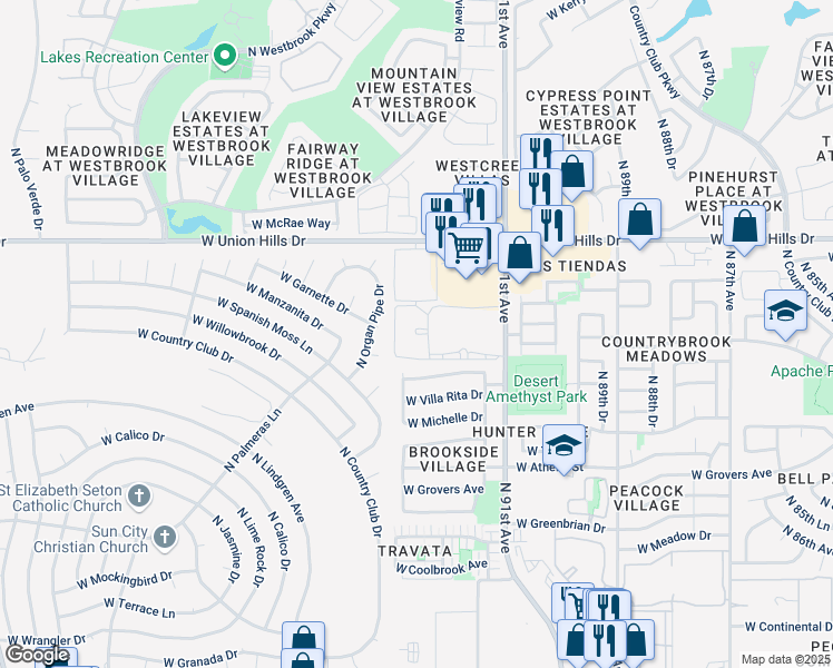 map of restaurants, bars, coffee shops, grocery stores, and more near 9260 West Apartment in Peoria