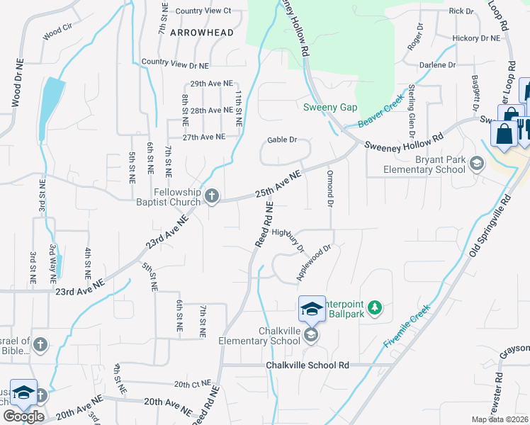 map of restaurants, bars, coffee shops, grocery stores, and more near 2512 Reed Road Northeast in Center Point