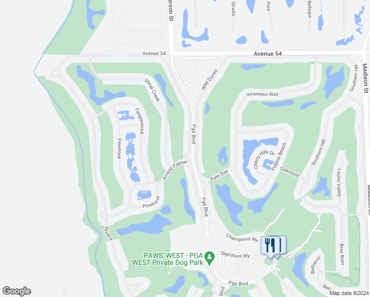 map of restaurants, bars, coffee shops, grocery stores, and more near 55069 Oakhill in La Quinta