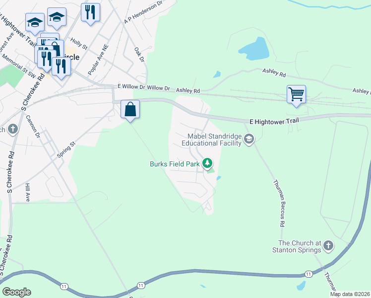 map of restaurants, bars, coffee shops, grocery stores, and more near 408 Dove Lane in Social Circle