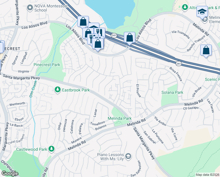 map of restaurants, bars, coffee shops, grocery stores, and more near 21524 San Giorgio in Mission Viejo