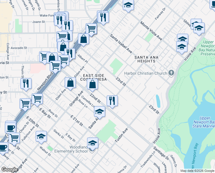 map of restaurants, bars, coffee shops, grocery stores, and more near 254 Cecil Place in Costa Mesa