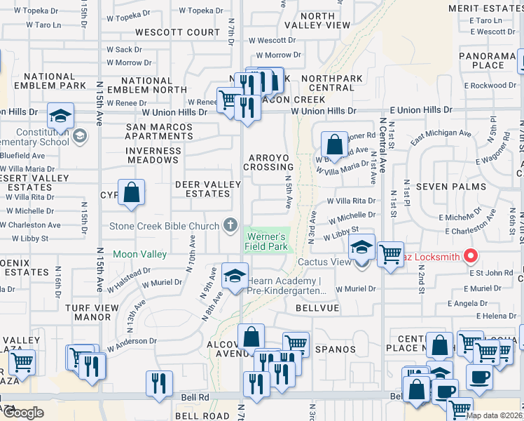 map of restaurants, bars, coffee shops, grocery stores, and more near 542 West Michelle Drive in Phoenix