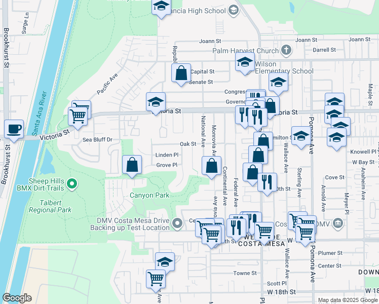 map of restaurants, bars, coffee shops, grocery stores, and more near in Costa Mesa