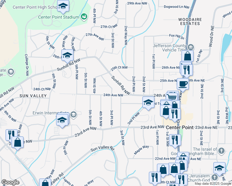 map of restaurants, bars, coffee shops, grocery stores, and more near 308 24th Avenue Northwest in Center Point
