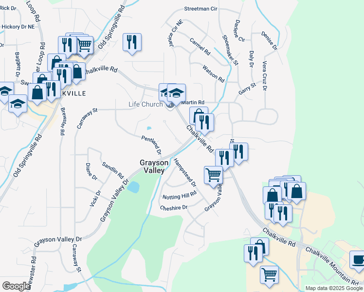 map of restaurants, bars, coffee shops, grocery stores, and more near 2304 Grayson Valley Drive in Birmingham