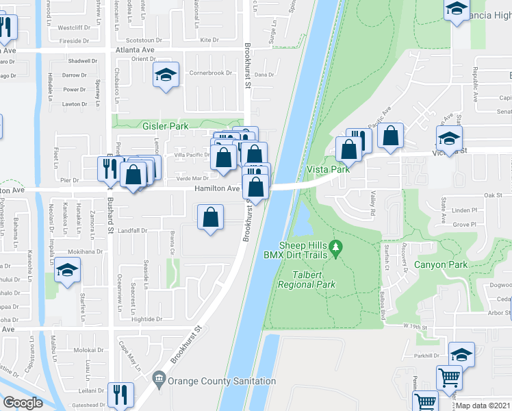 map of restaurants, bars, coffee shops, grocery stores, and more near 21552 Brookhurst Street in Huntington Beach