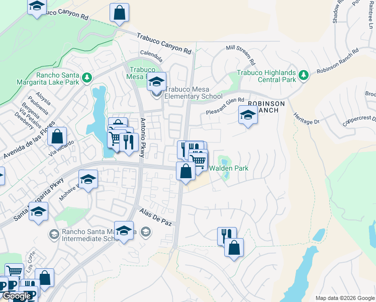 map of restaurants, bars, coffee shops, grocery stores, and more near 21412 Dahlia Court in Trabuco Canyon