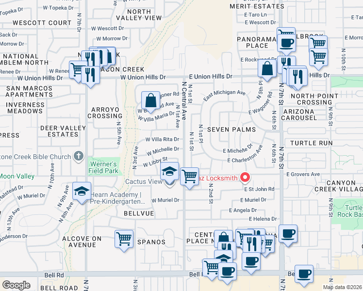 map of restaurants, bars, coffee shops, grocery stores, and more near 18010 North 1st Street in Phoenix