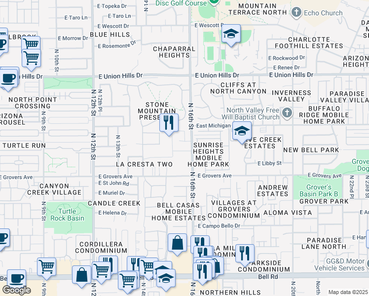 map of restaurants, bars, coffee shops, grocery stores, and more near 1534 East Charleston Avenue in Phoenix