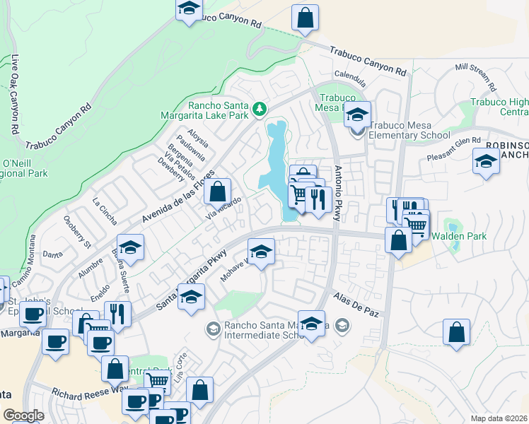 map of restaurants, bars, coffee shops, grocery stores, and more near 2 Montana Del Lago Drive in Rancho Santa Margarita