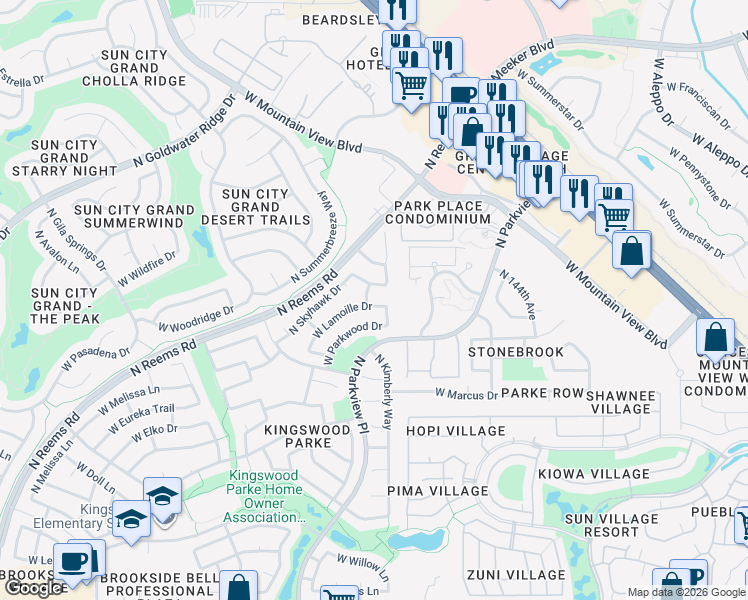 map of restaurants, bars, coffee shops, grocery stores, and more near 14716 West Lamoille Drive in Surprise